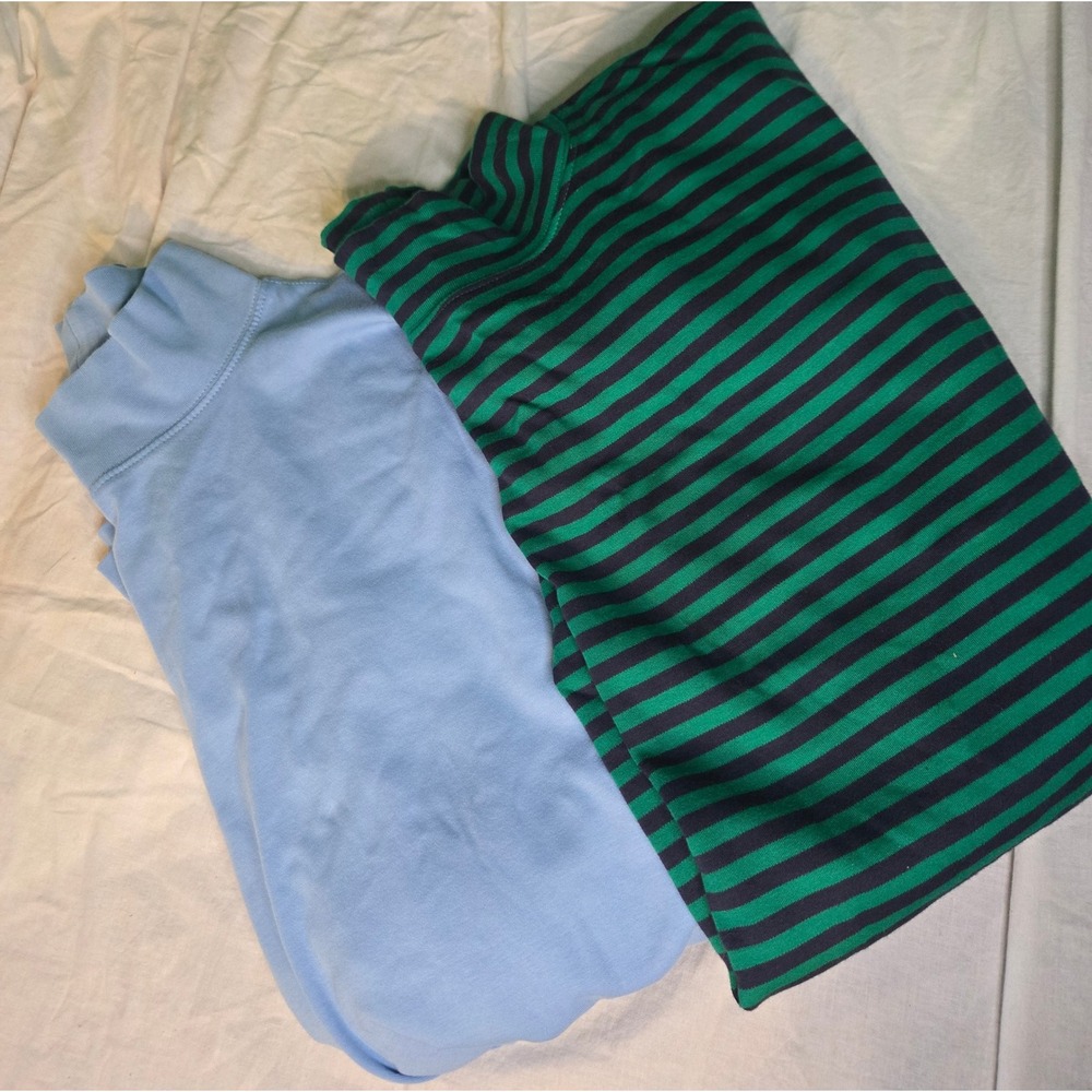 Lot of 2 L.L. Bean Turtleneck Basic 100% Cotton XL Sky Blue Black & Green Stripe